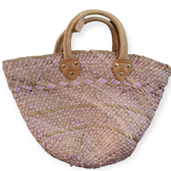 Woven Straw Tote Bag - Tan and Purple - Picture 1 of 5